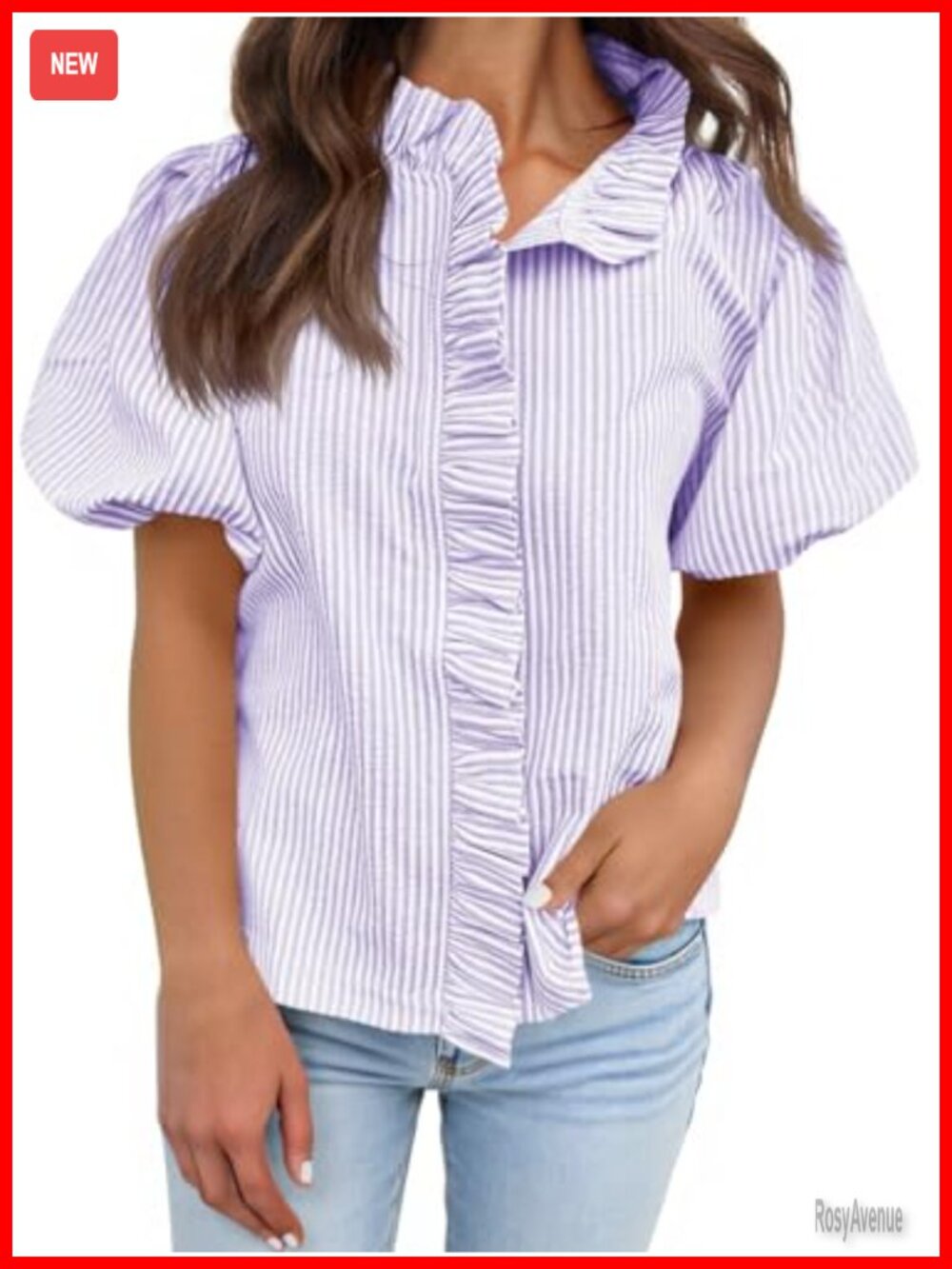 Womens Puff Sleeve Button Down Striped Blouse Ruffle Collar Top